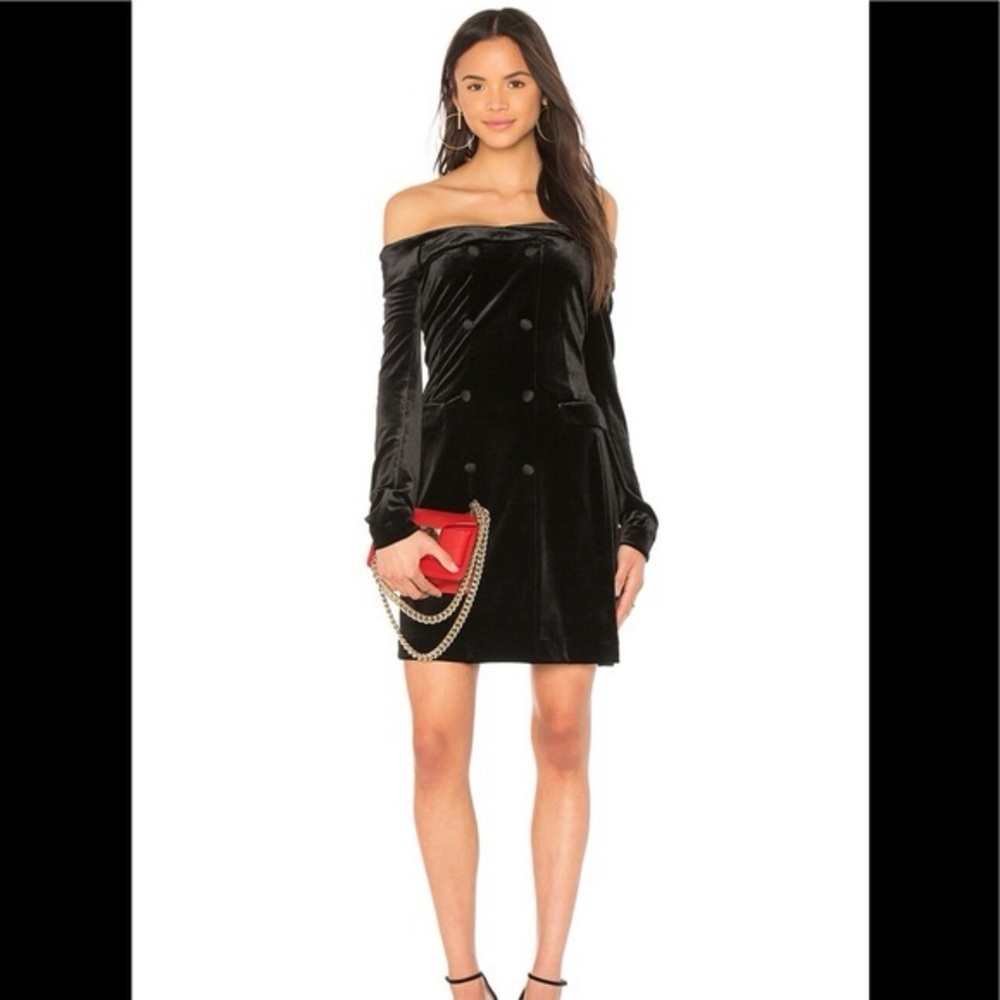 L’AGENCE MEDIUM Micaela Velvet blazer off the shoulder mini dress in black - Picture 2 of 10